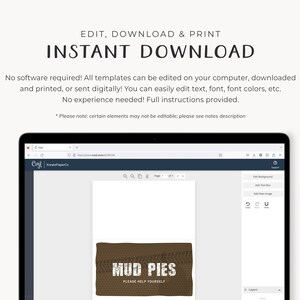 May include: A digital mockup of a brown and white printable design for a food label. The label features a brown background with a white tyre tread pattern and the text "MUD PIES PLEASE HELP YOURSELF".