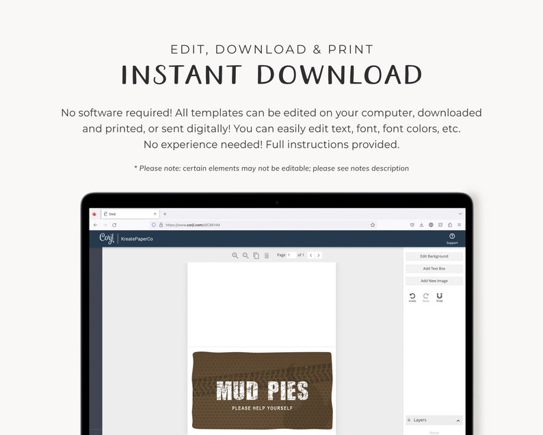 May include: A digital mockup of a brown and white printable design for a food label. The label features a brown background with a white tyre tread pattern and the text "MUD PIES PLEASE HELP YOURSELF".