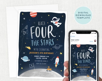 Reach Four The Stars Invitation, 4 Year Old Birthday Party, Space Party Invitation 4th, Invite, Printable, Download, Digital Invite, #KP017