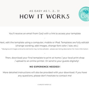 K&ouml;nnte beinhalten: Ein wei&szlig;er Hintergrund mit schwarzem Text, der erkl&auml;rt, wie man eine digitale Vorlage verwendet. Der Text lautet "AS EASY AS 1.. 2.. 3! HOW IT WORKS" und erkl&auml;rt, dass Sie eine E-Mail mit einem Link zum Zugriff auf Ihre Vorlage erhalten, die Sie dann mit einem Computer, Handy oder iPad bearbeiten k&ouml;nnen. Sie k&ouml;nnen den Text &auml;ndern, Bilder hinzuf&uuml;gen, die Schriftfarbe und -gr&ouml;&szlig;e &auml;ndern. Der Text sagt auch "NO EXPERIENCE NEEDED!" und dass Sie mit Ihrem Download detailliertere Anweisungen erhalten. Der Text endet mit "KREATE PAPER CO."