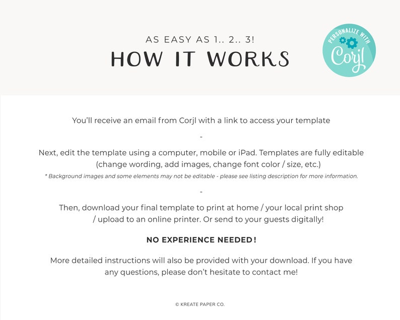 K&ouml;nnte beinhalten: Ein wei&szlig;er Hintergrund mit schwarzem Text, der erkl&auml;rt, wie man eine digitale Vorlage verwendet. Der Text lautet "AS EASY AS 1.. 2.. 3! HOW IT WORKS" und erkl&auml;rt, dass Sie eine E-Mail mit einem Link zum Zugriff auf Ihre Vorlage erhalten, die Sie dann mit einem Computer, Handy oder iPad bearbeiten k&ouml;nnen. Sie k&ouml;nnen den Text &auml;ndern, Bilder hinzuf&uuml;gen, die Schriftfarbe und -gr&ouml;&szlig;e &auml;ndern. Der Text sagt auch "NO EXPERIENCE NEEDED!" und dass Sie mit Ihrem Download detailliertere Anweisungen erhalten. Der Text endet mit "KREATE PAPER CO."