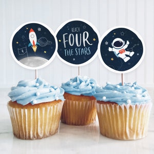 Reach Four the Stars Cake Topper, Space Cupcake Topper, 4 Year Old Cake Topper, Outer Space, 4th Birthday, Instant Download, #KP017
