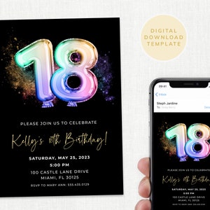 18th Birthday Invitation, Editable Template, 18 Birthday Invite, Glamourous Invite, Rainbow, Text, Evite, Digital, Instant Download, #BBKP