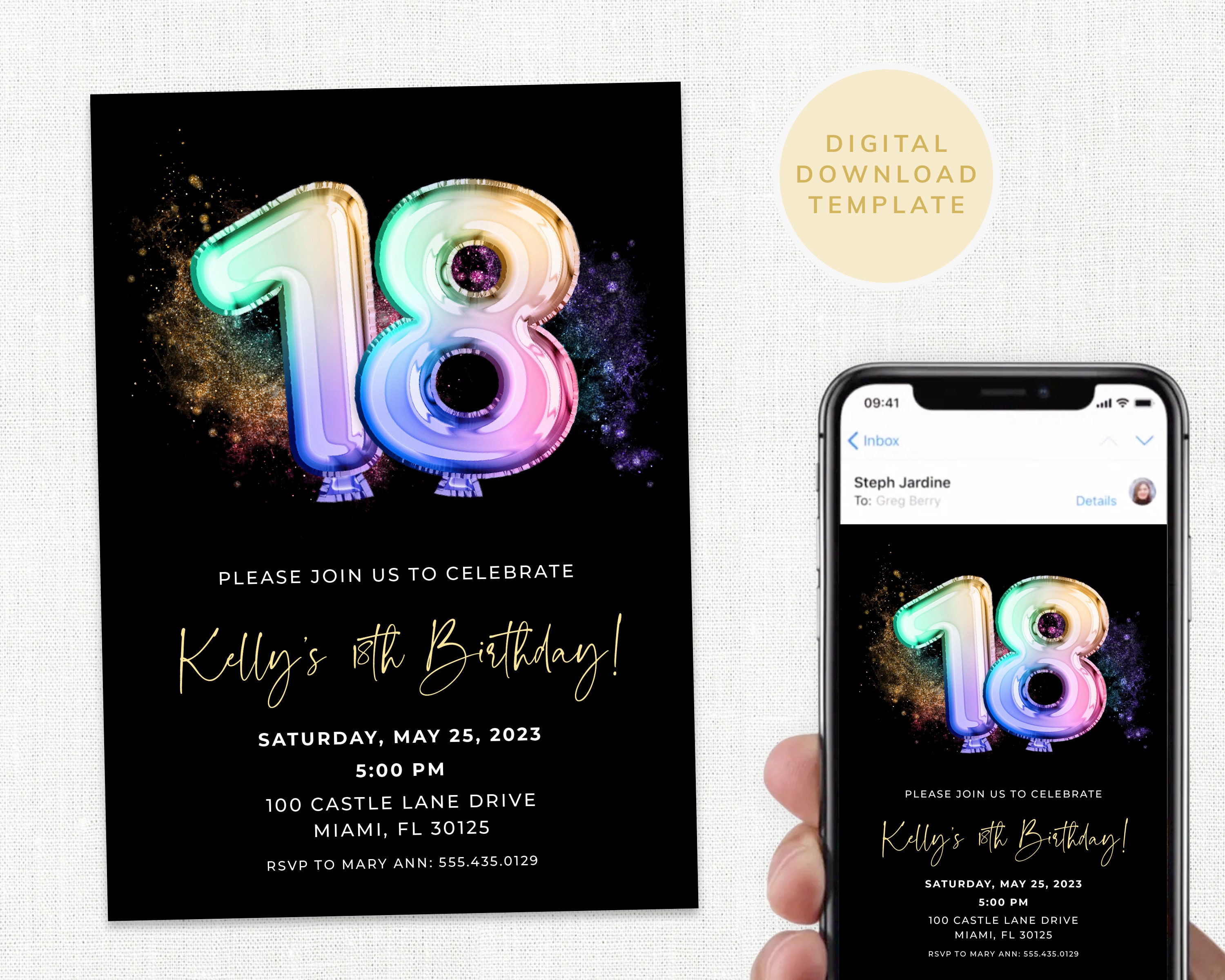 18th Birthday Invitation, Editable Template, 18 Birthday Invite, Glamourous Invite, Rainbow, Text, Evite, Digital, Instant Download, #BBKP