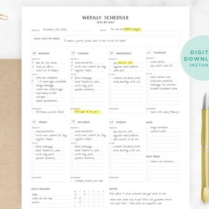 Può includere: Un programma settimanale stampabile su carta bianca con un design minimalista. Il programma include sezioni per ogni giorno della settimana, con spazio per compiti, priorità e note. Una penna dorata e delle graffette sono visibili.