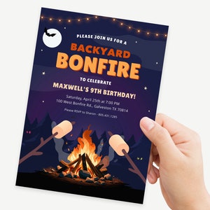 Invitación a la hoguera del patio trasero, cumpleaños de la fogata del jardín trasero invitar a niños adultos amigos fuego de camping, descarga instantánea, editable #KP076 imagen 5