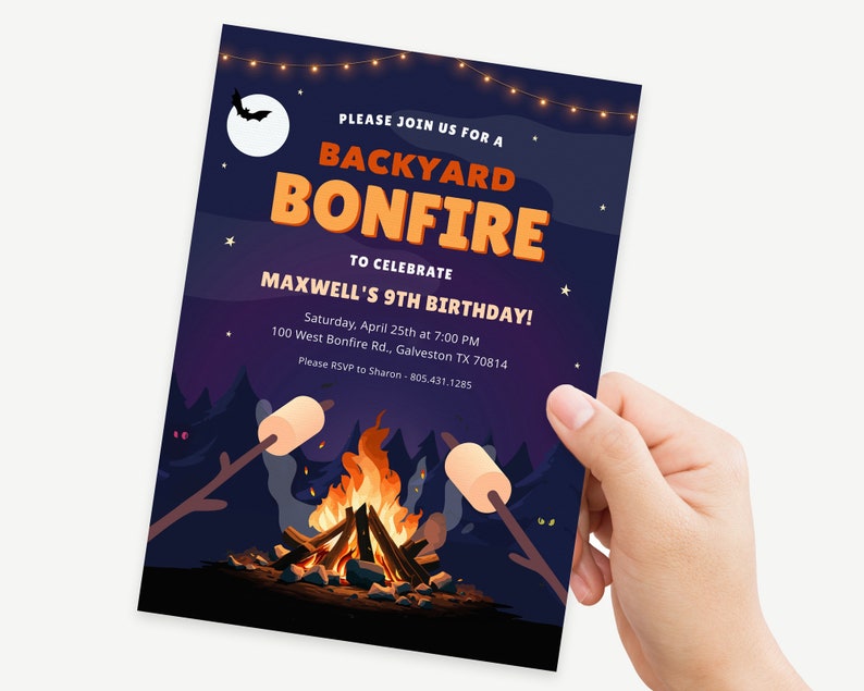 Invitación a la hoguera del patio trasero, cumpleaños de la fogata del jardín trasero invitar a niños adultos amigos fuego de camping, descarga instantánea, editable #KP076 imagen 5