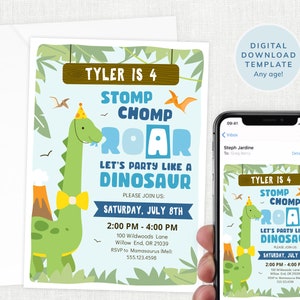 Editable Dinosaur Invitations, Birthday Party Invites, Cute Dinosaur Invite