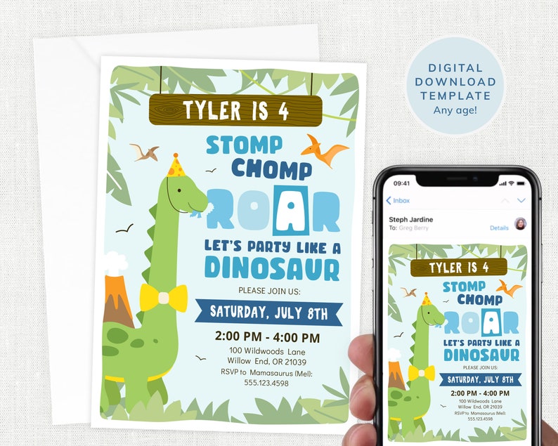 Editable Dinosaur Invitations, Birthday Party Invites, Cute Dinosaur Invite