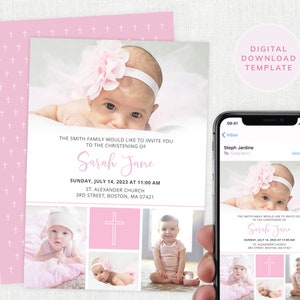 Christening Invitation Girls Template Baptism Invite Pink Invites, Printable, Download Digital Invite, #KP038