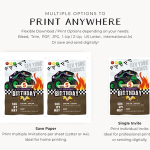 May include: Two printable monster truck birthday party invitations. The invitations feature a green monster truck with flames, a checkered flag, and the text "Rev Your Engines" and "It's Christian's 5th Birthday".