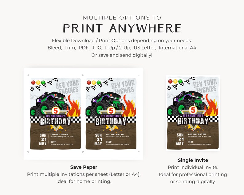 May include: Two printable monster truck birthday party invitations. The invitations feature a green monster truck with flames, a checkered flag, and the text "Rev Your Engines" and "It's Christian's 5th Birthday".