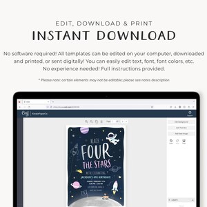K&ouml;nnte beinhalten: Ein Computerbildschirm zeigt eine digitale Einladungsvorlage f&uuml;r eine 4. Geburtstagsfeier. Die Einladung zeigt einen Cartoon-Astronauten und den Text "Reach Four The Stars". Die Vorlage kann mit einem webbasierten Editor bearbeitet werden.