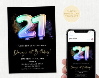 21st Birthday Invitation, Editable Template, 21 Birthday Invite, Glamourous Invite, Rainbow, Text, Evite, Digital, Instant Download, #BBKP