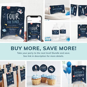 May include: A set of printable party decorations for a space-themed birthday party. The decorations include a banner, cupcake toppers, water bottle labels, a welcome sign, and thank you bags. The decorations feature a blue and black colour scheme with stars, planets, and rockets.
