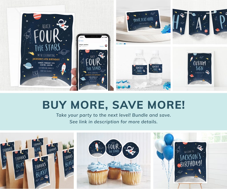 May include: A set of printable party decorations for a space-themed birthday party. The decorations include a banner, cupcake toppers, water bottle labels, a welcome sign, and thank you bags. The decorations feature a blue and black colour scheme with stars, planets, and rockets.