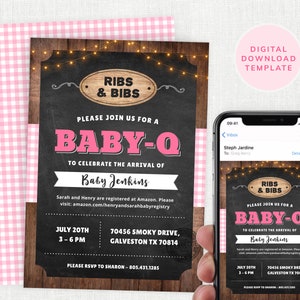 Baby-Q Invite Girl, Baby Shower Pink BBQ Invitation, Barbeque, BBQ Party, Bavaglini e costolette, Baby Q, Cospargere, Download istantaneo, Modificabile #KP098