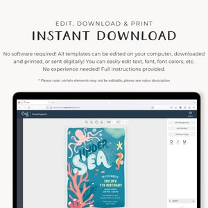 May include: A digital invitation template for a 7th birthday party with an under the sea theme. The invitation features a colourful octopus, a seahorse, and coral. The text on the invitation reads "To Celebrate Taylin's 7th Birthday".