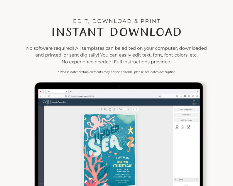 May include: A digital invitation template for a 7th birthday party with an under the sea theme. The invitation features a colourful octopus, a seahorse, and coral. The text on the invitation reads "To Celebrate Taylin's 7th Birthday".