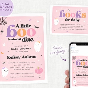 Baby Shower Halloween Invitation Bundle, Little Boo is Almost Due, Books for Baby, Digital, Baby Girl Shower, Cute Baby Invite, Editable