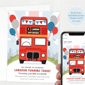May include: A red double-decker bus with a blue and white flag on top. The bus has a sign that says "All Aboard!" and a sign that says "3 Langdon Happy Birthday!" The bus is surrounded by balloons and a cityscape in the background. The text "All Aboard to Celebrate Langdon Turning Three!" is at the bottom of the image. The text "Thursday, July 26th @ 2:00 PM Schoolyard Park, Chesington Green, MI 21030 Please RSVP to Nikki at (540) 215-0326" is also included.