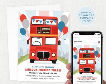 London Bus Birthday Invitation, Red Bus Invite, Party Invites, Wheels on the Bus Party, Instant Download, Editable, Toddler, Any Age #KP012