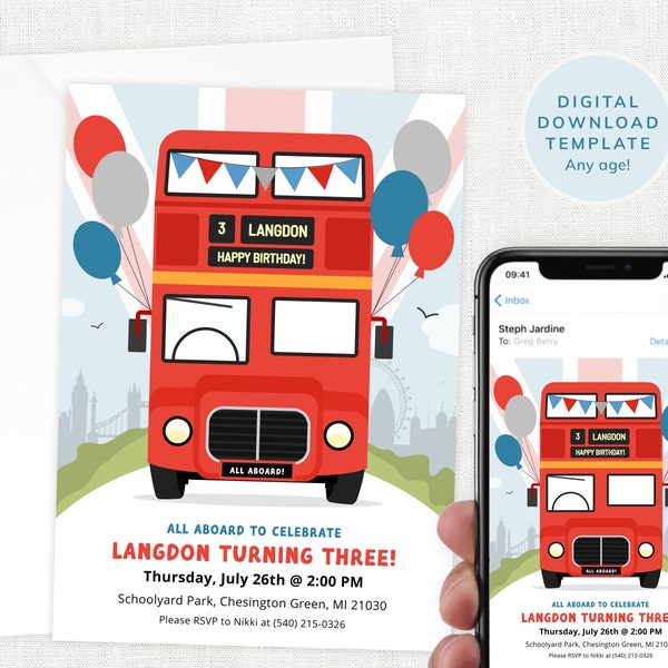 London Bus Birthday Invitation, Red Bus Invite, Party Invites, Wheels on the Bus Party, Instant Download, Editable, Toddler, Any Age #KP012