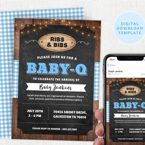 Baby-Q Invite Boy, Baby Shower Blue BBQ Invitation, Barbeque, BBQ Party, Bavaglini e costolette, Baby Q, Cospargere, Download istantaneo, Modificabile #KP098