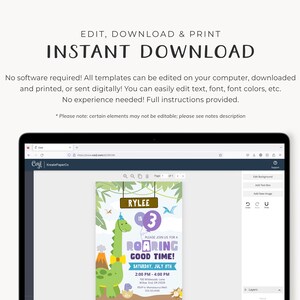 May include: A digital invitation template for a dinosaur-themed birthday party. The invitation features a green dinosaur with a yellow bow tie, a purple sign with the text "RYLEE IS 3", and a purple banner with the text "PLEASE JOIN US FOR A ROARING GOOD TIME!" The invitation also includes the date and time of the party, the address, and a phone number.