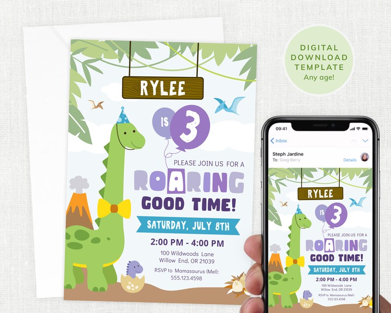 Dinosaur Invitation, Cute Dinosaur Party Invite - Roaring Good Time