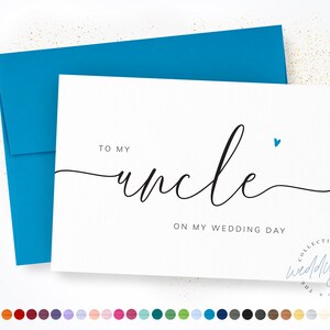 May include: A white greeting card with black cursive text that reads TO MY uncle ON MY WEDDING DAY and a small blue heart, paired with a bright blue envelope. The card features a textured paper finish and a circular logo in the bottom corner.