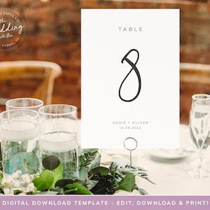 Eenvoudige en elegante tabelnummerkaart Bruiloft, afdrukbare tabelnummers, Instant Download, aangepaste tabelnummers, bewerkbaar, Templett, #SERENITY