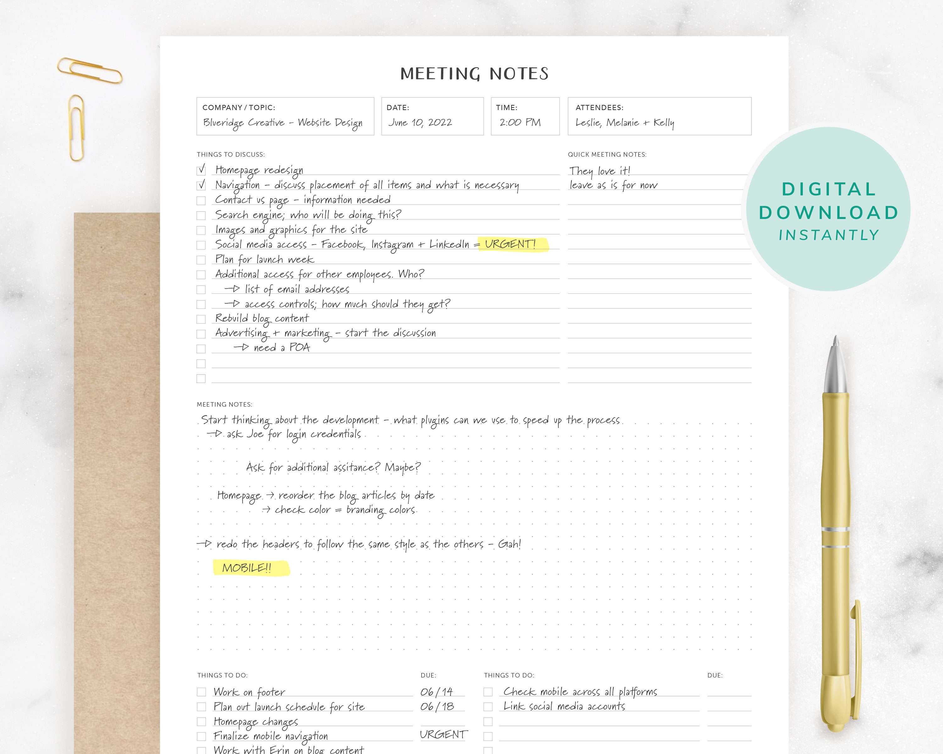 Meeting Agenda Printable, Meeting Notes, Planner, Meeting List Template, Instant Download, Meeting Notes Template, Printable Work Organizer