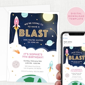 Girl Space Invitation, Space Party Invite, Birthday, Space Themed Invitation, Editable, Instant Download, Digital Invite, Printable #SPACEG
