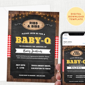 Invito Baby-Q, Invito barbecue per baby shower, barbecue, festa barbecue per bambini, bavaglini e costolette, Baby Q, Baby Sprinkle, download istantaneo, modificabile #KP098