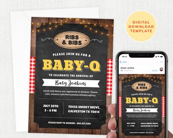 May include: A rustic wood and chalkboard style baby shower invitation with string lights. The invitation says "Ribs & Bibs" and "Please join us for a Baby-Q to celebrate the arrival of Baby Jenkins". The date and time are July 20th, 3-6 PM. The location is 70456 Smoky Drive, Galveston TX 70814. The invitation also includes a website for the baby registry.