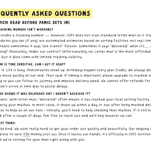 May include: A document titled FREQUENTLY ASKED QUESTIONS with a yellow highlight. It addresses tracking numbers, time-sensitive items, and delivery status for standard letter mail, explaining USPS scanning limitations and requesting customer patience.