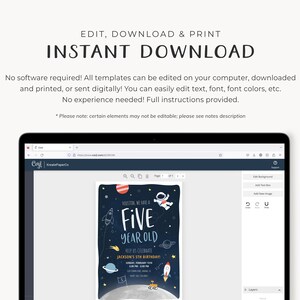 May include: Editable template for a space-themed birthday invitation. The invitation features a cartoon astronaut, planets, and a rocket ship. The text on the invitation reads "Houston, we have a five year old! Help us celebrate Jackson's 5th birthday!"