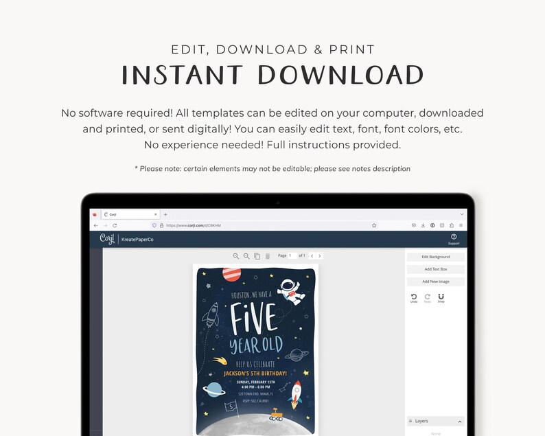 May include: Editable template for a space-themed birthday invitation. The invitation features a cartoon astronaut, planets, and a rocket ship. The text on the invitation reads "Houston, we have a five year old! Help us celebrate Jackson's 5th birthday!"