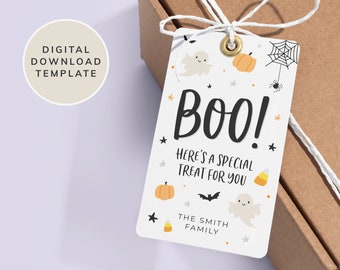 Etiquetas Boo de Halloween, Etiquetas editables de bolsas de regalo de favor de Halloween, Etiquetas de truco o trato, Fiesta de cumpleaños, Etiquetas abucheadas, Plantilla imprimible, Templett