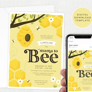 May include: A yellow and brown baby shower invitation with a beehive and bees. The text reads "Please join us to celebrate: Caroline, the mama to bee. September 23, 2023, 2:00 PM - 4:00 PM, 100 Stingers Court, Southwold, MI 01924. Caroline is registered at Amazon: amazon.com/carolinebee. Please RSVP by Oct 10th to Queen Bee (Cynthia) 904.214.5450."