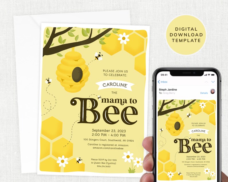 May include: A yellow and brown baby shower invitation with a beehive and bees. The text reads "Please join us to celebrate: Caroline, the mama to bee. September 23, 2023, 2:00 PM - 4:00 PM, 100 Stingers Court, Southwold, MI 01924. Caroline is registered at Amazon: amazon.com/carolinebee. Please RSVP by Oct 10th to Queen Bee (Cynthia) 904.214.5450."
