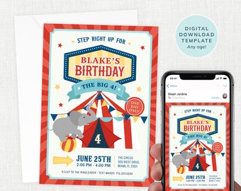 Carnival Birthday Invitation, Circus Birthday Invites, Kids Carnival Invite, Party, Editable Template, Digital Download, Printable, #KP031