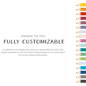 May include: A white background with the text "UNIQUE TO YOU" and "FULLY CUSTOMIZABLE" in black.  The text is centered on the page.  A row of 16 colored pencils are lined up vertically on the right side of the page.  The pencils are all different colors, including yellow, orange, red, pink, blue, green, and gray.