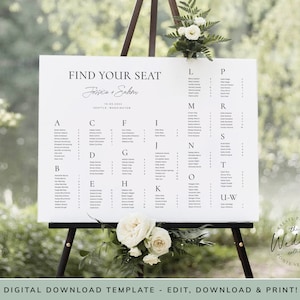 Alfabetische zitplaatsen grafiek sjabloon, zwart-wit bruiloft zitplaatsen teken, modern, gotisch, vind uw stoel, Instant Download, Templett #JESSICA