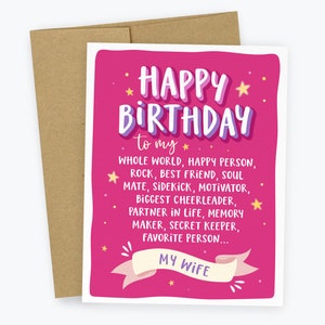 Wife Birthday Card - Happy Birthday to my Wife, Qualities List, Whole World, Soul Mate, Favorite Person, For Her, Personalized Card