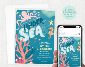 Invito alla festa sotto il mare, festa di compleanno dell'acquario, invito a tema sotto il mare, acqua, festa di compleanno, stampabile, download digitale, #KP080