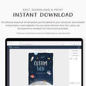 May include: A computer screen displaying a website with a space-themed sign template. The template features a rocket, stars, and a moon with the text "CUSTOM SIGN" and "CUSTOM MESSAGE HERE".