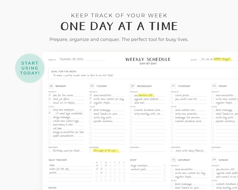 May include: A weekly planner with a yellow header that reads "Keep Track of Your Week One Day at a Time". The planner is divided into daily sections with a list of tasks and a space for notes. The planner is dated September 28, 2022.
