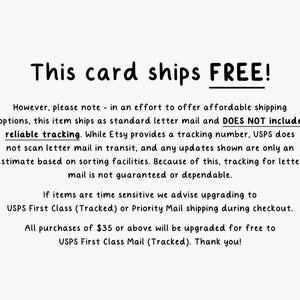 May include: White card with black text that reads "This card ships FREE!". Additional text explains shipping details, including standard letter mail and tracking information. The card is designed to inform customers about shipping options.